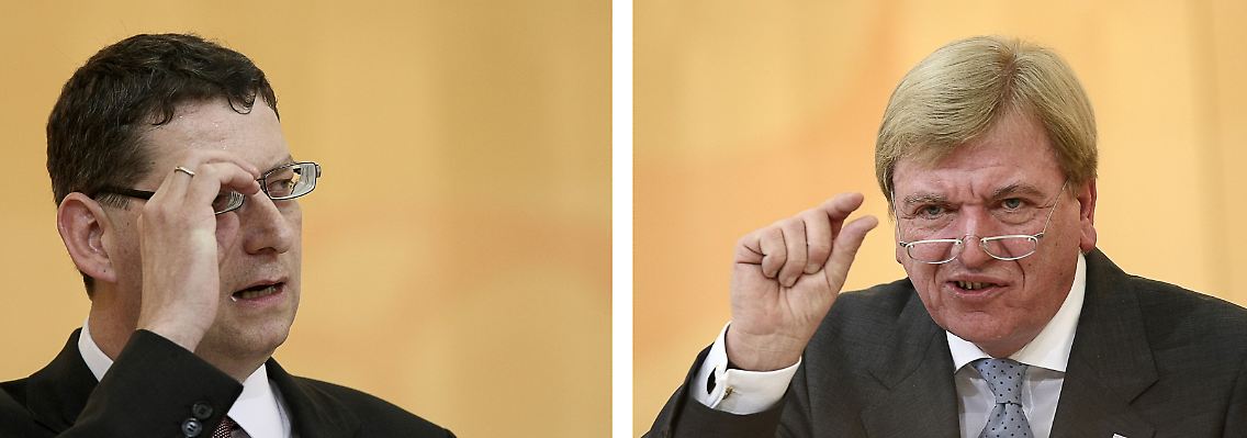 Schäfer-Gümbel (l) und Bouffier müssen bei der Kommunalwahl am 27. März die erste ernsthafte Nagelprobe ihrer Popularität bestehen.