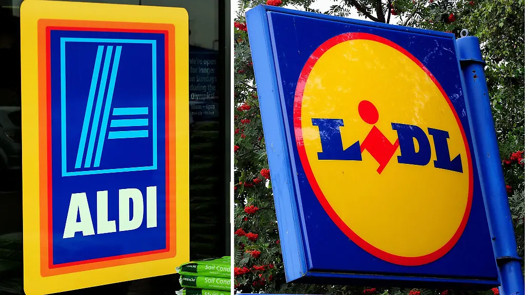 Die-Bildkombo-zeigt-die-Logos-der-deutschen-Discounter-Aldi-l-und-Lidl-Die-Schwarz-Gruppe-mit-ihren-Toechtern-Lidl-und-Kaufland-und-der-Discounter-Aldi-haben-ihren-Platz-unter-den-zehn-groessten-Einzelhaendlern-weltweit-behauptet