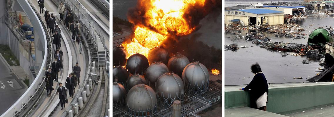In Tokio müssen Zugreisende sich zu Fuß in Sicherheit bringen, in Ichihara brennt eine Raffinerie, in der Präfektur Miyagi ist der Hafen von Kesennuma zerstört.
