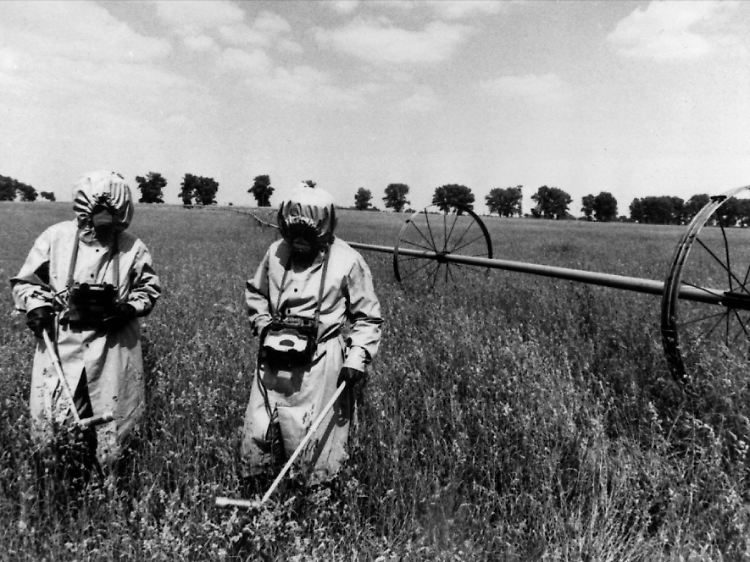 Spezialeinheiten messen auf einem Feld innerhalb der Sicherheitszone von Tschernobyl die Radioaktivität (im Mai 1986 - rund einen Monat nach der Katastrophe).