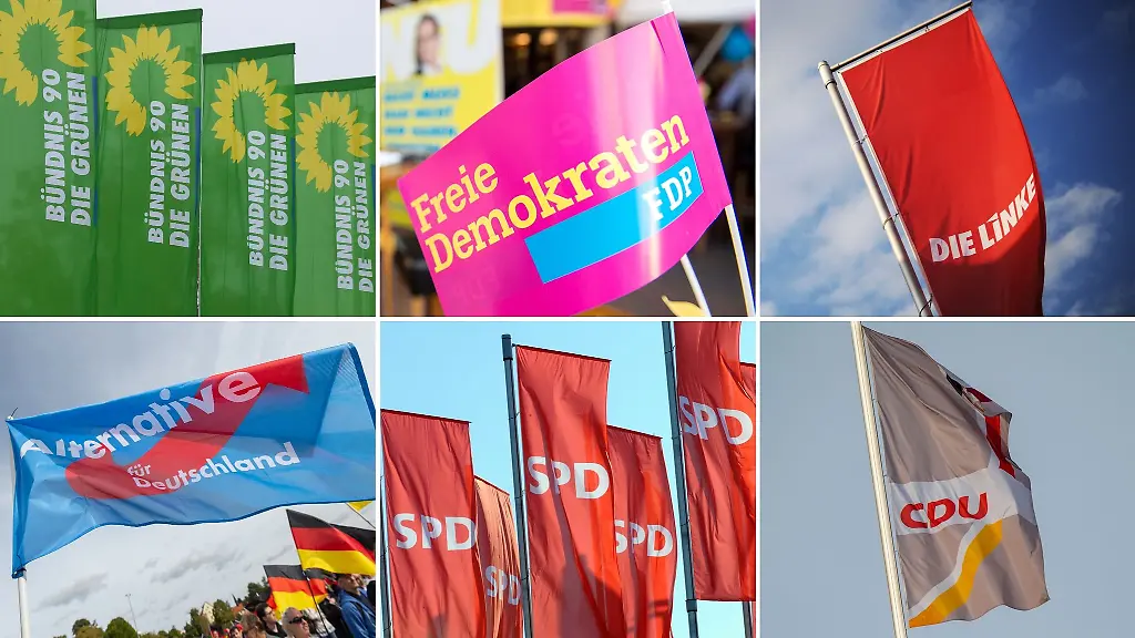 Fahnen-der-Parteien-Buendnis-90-Die-Gruenen-oben-l-r-FDP-Die-Linke-AfD-unten-l-r-SPD-und-CDU
