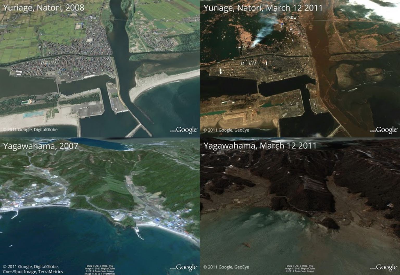 Googles Lat Long Blog für die Dienste Earth und Maps hat eine Sammlung von Satellitenbildern veröffentlicht, die japanische Küstenorte vor und nach der Katastrophe vom 11. März 2011 zeigen. Sie helfen, die unglaublichen Dimensionen der Zerstörung wenigstens ein wenig zu begreifen.