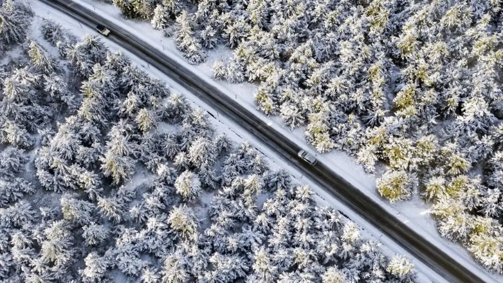 Autos-fahren-durch-einen-verschneiten-Wald