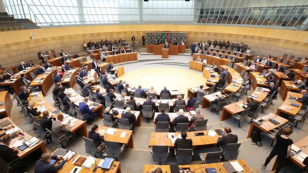 Ein-Abgeordneter-spricht-im-Plenarsaal-des-nordrhein-westfaelischen-Landtags