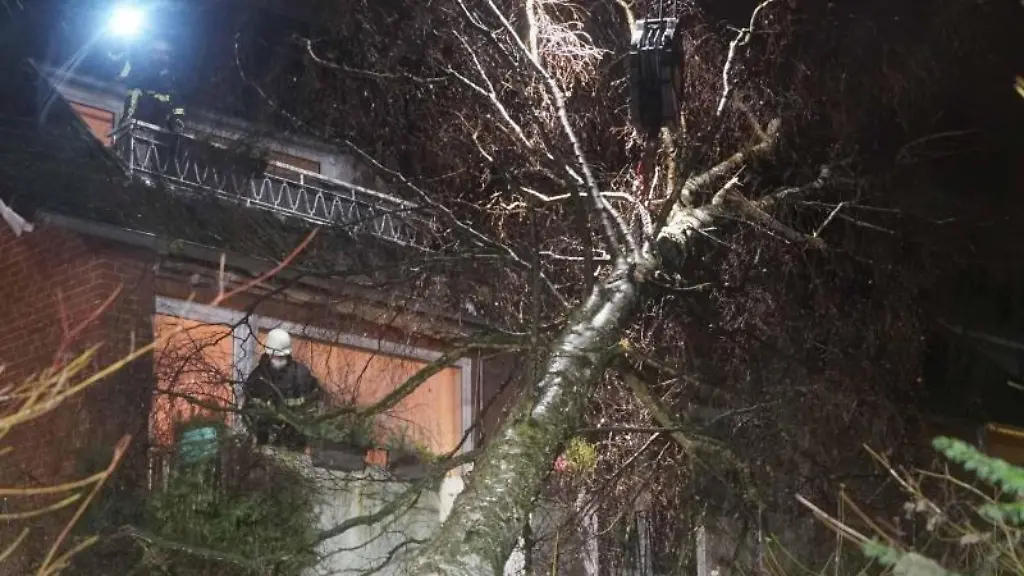 Feuewehrleute-befestigen-von-Balkonen-aus-einen-umgestuerzten-Baum-am-Haken-eines-Feuerwehrkranwagens