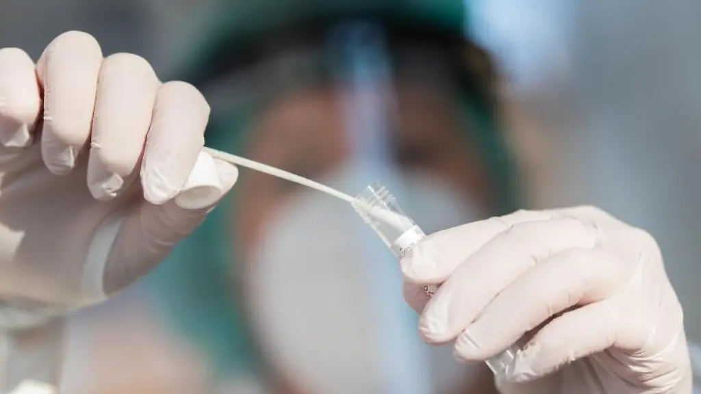 Eine-medizinische-Mitarbeiterin-haelt-einen-Abstrich-fuer-einen-Corona-Test