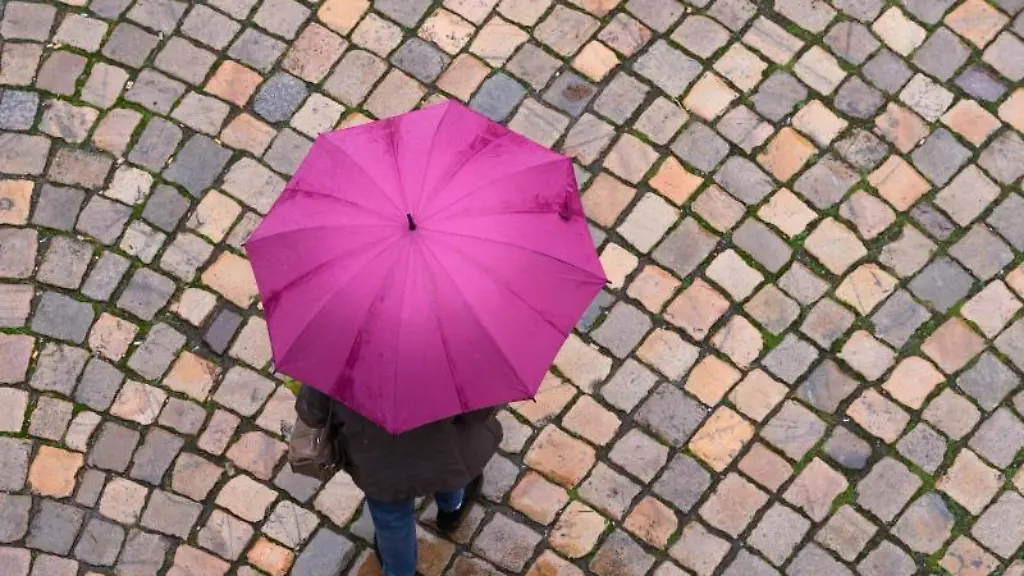 Eine-Frau-geht-mit-einem-Regenschirm-auf-einer-Strasse-entlang