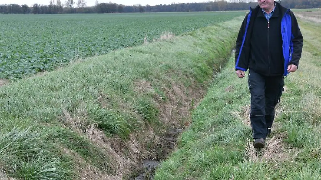 Landwirt-Burkhard-Haseloff-geht-am-Rande-eines-nicht-mehr-gestauten-Wassergrabens