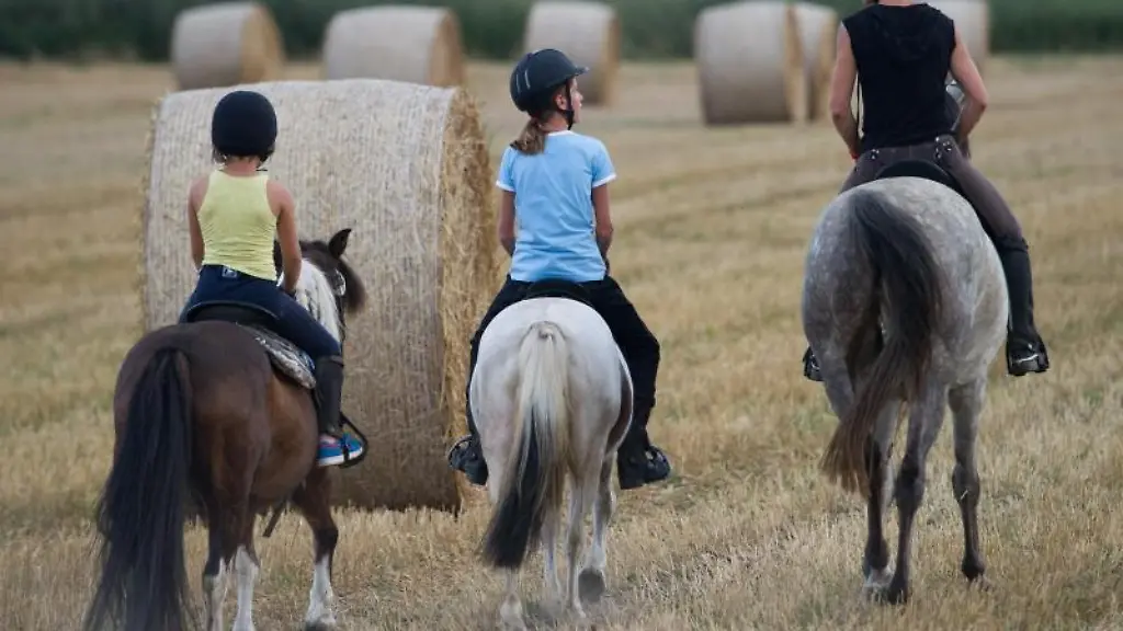 Eine-Reitlehrerin-und-zwei-Reitschuelerinnen-auf-ihren-Ponys