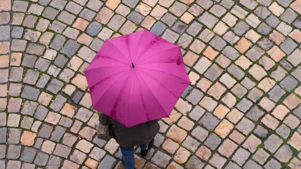 Eine-Frau-geht-mit-einem-Regenschirm-auf-einer-Strasse-entlang