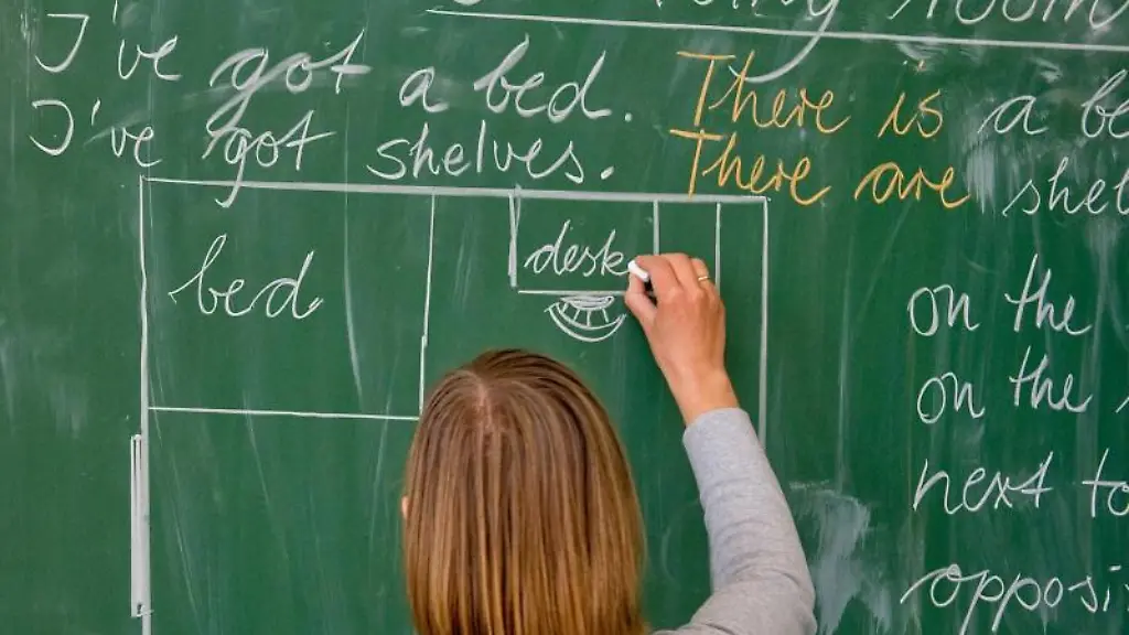 Eine-Lehrerin-schreibt-in-englischer-Sprache-an-die-Tafel