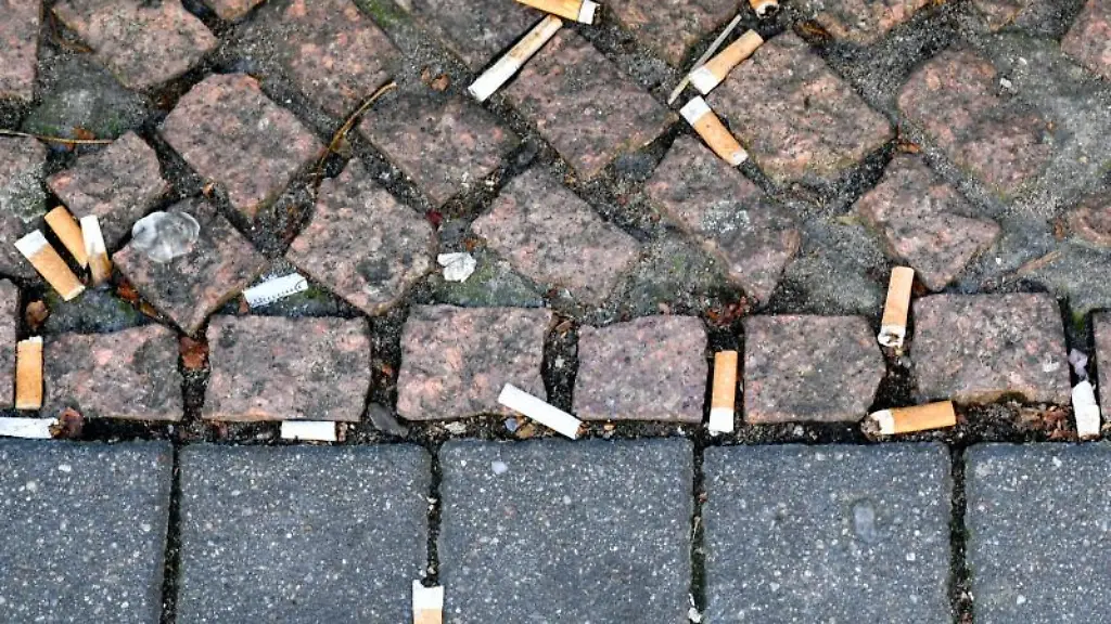 Zahlreiche-auf-den-Boden-geworfene-Zigarettenstummel-liegen-auf-dem-Pflaster-einer-Strasse