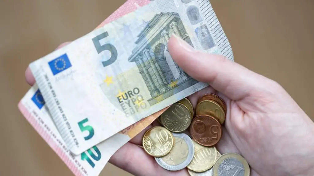 Eine-Frau-haelt-Geldscheine-und-Muenzen-in-der-Hand