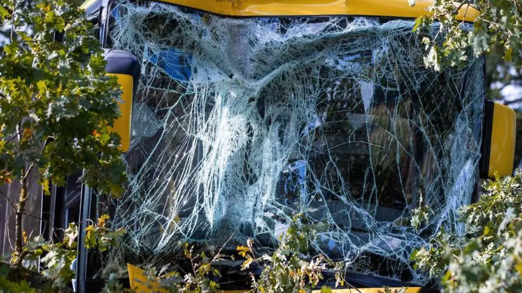 Stark-beschaedigt-steht-nach-einem-Busunfall-das-Fahrzeug-im-Strassengraben