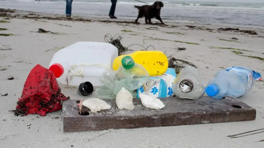 Am-Ostseestrand-liegt-am-Strand-gesammelter-Muell