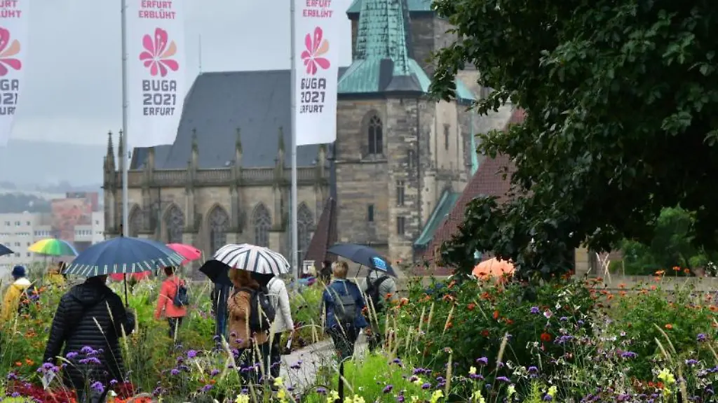 Mit-Regenschirmen-gehen-Besucher-der-Bundesgartenschau-ueber-den-Petersberg