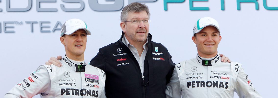 Der Meistermacher und seine Piloten: Ross Brawn in der Mitte zwischen Michael Schumacher (l.) und Nico Rosberg.