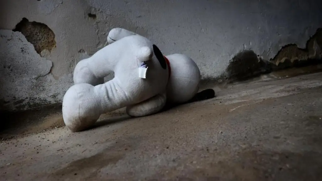 Ein-Stofftier-liegt-vor-einer-Wand