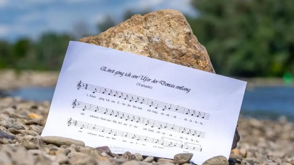Ein-Notenblatt-mit-dem-Liedtext-Einst-ging-ich-am-Ufer-der-Donau-entlang-liegt-am-Donauufer