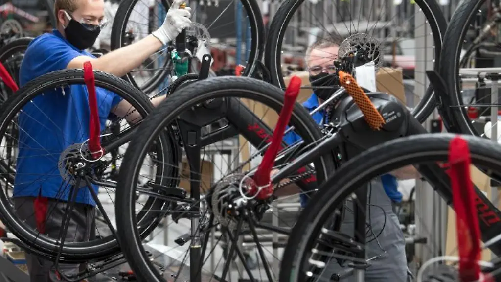 Mitarbeiter-des-Fahrradherstellers-Diamant-montieren-Elektro-Trekkingraeder-an-einer-Linie