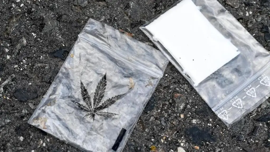 Zwei-Tueten-mit-einem-Aufdruck-der-ein-eines-Hanfblatt-zeigt-liegen-in-einem-Park-in-Berlin-auf-dem-Boden