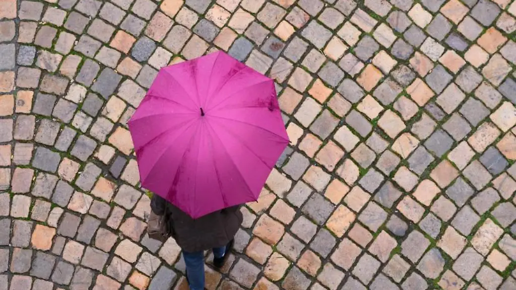 Eine-Frau-geht-mit-einem-Regenschirm-auf-einer-Strasse-entlang