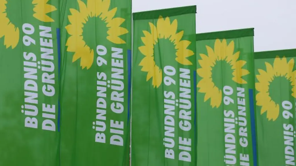 Fahnen-der-Partei-Buendnis-90-Die-Gruenen-wehen-im-Wind