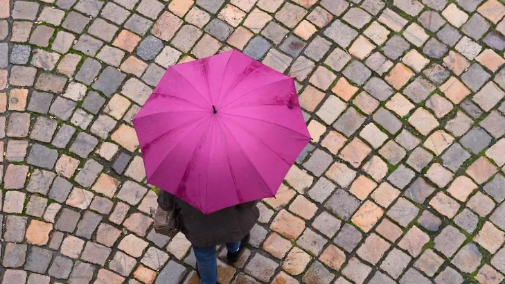 Eine-Frau-geht-mit-einem-Regenschirm-auf-einer-Strasse-entlang