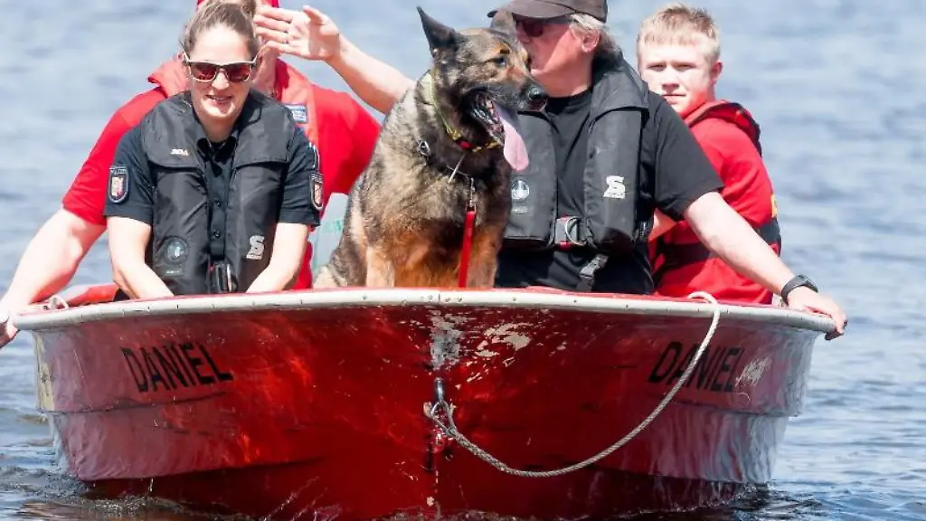 Spuerhund-Thor-sucht-mit-Einsatzkraeften-auf-dem-Einfelder-See-nach-einer-vermissten-Schwimmerin