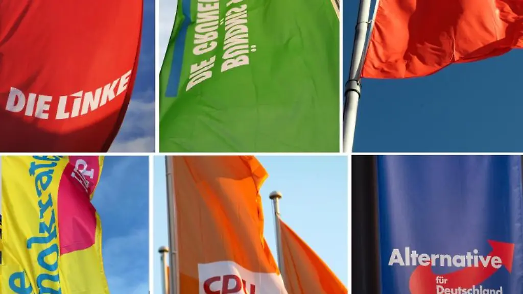 Die-Fahnen-der-Parteien-Die-Linke-oben-l-r-Buendnis-90-Die-Gruenen-und-SPD-und-der-FDP-unten-l-r-CDU-und-AfD