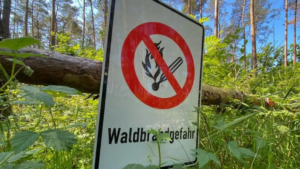 Ein-Schild-Waldbrandgefahr-haengt-in-einem-Wald-im-Heidekreis