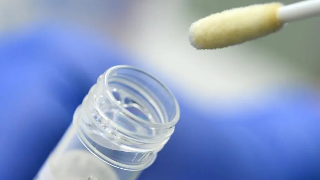 Ein-Tupfer-mit-einem-Abstrich-fuer-einen-Corona-Test-ueber-einem-Testroehrchen