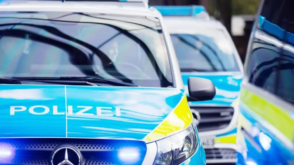Mehrere-Streifenwagen-der-Polizei-stehen-aufgereiht-nebeneinander