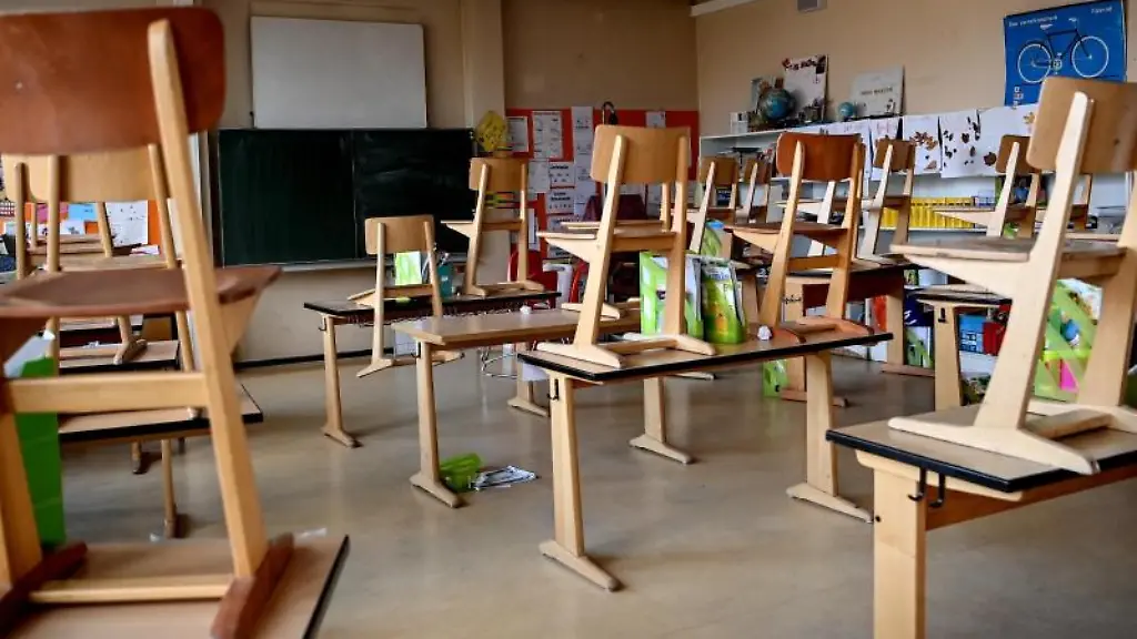 Stuehle-sind-in-einem-Klassenzimmer-hochgestellt