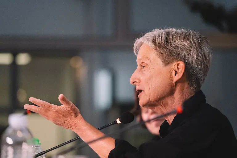 Judith-Butler-talks-during-the-event-about-her-book-Who-s-Afraid-of-Sex-in-Athens-Greece-on-May-22-2025-She-is-an-American-post-structuralist-philosopher-who-contributes-to-the-fields-of-feminism-Queer-theory-political-philosophy-and-ethics