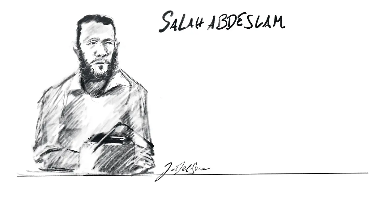 This-drawing-by-Jonathan-De-Cesare-shows-accused-Salah-Abdeslam-during-a-session-regarding-the-judgment-on-the-penalty-at-the-trial-of-the-attacks-of-March-22-2016-at-the-Brussels-Capital-Assizes-Court-Friday-15-September-2023-at-the-Justitia-site-in-Haren-Brussels-On-March-22-2016-32-people-were-killed-and-324-got-injured-in-suicide-bombings-at-Zaventem-national-airport-and-Maalbeek-Maelbeek-metro-station-which-were-claimed-by-ISIL
