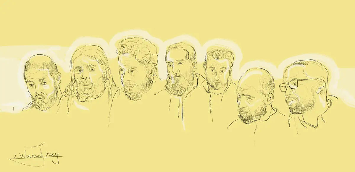 This-drawing-by-Janne-van-Woensel-Kooy-shows-L-R-accused-Mohamed-Abrini-accused-Osama-Krayem-accused-Salah-Abdeslam-accused-Sofien-Ayari-accused-Ali-El-Haddad-Asufi-accused-Bilal-El-Makhoukhi-and-accused-Herve-Bayingana-Muhirwa-pictured-during-a-session-of-the-trial-of-the-attacks-of-March-22-2016-at-the-Brussels-Capital-Assizes-Court-Wednesday-01-February-2023-at-the-Justitia-site-in-Haren-Brussels-On-March-22-2016-32-people-were-killed-and-324-got-injured-in-suicide-bombings-at-Zaventem-national-airport-and-Maalbeek-Maelbeek-metro-station-which-were-claimed-by-ISIL