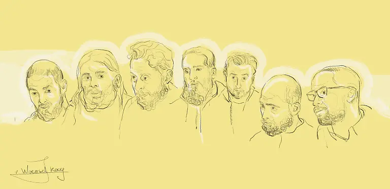 This-drawing-by-Janne-van-Woensel-Kooy-shows-L-R-accused-Mohamed-Abrini-accused-Osama-Krayem-accused-Salah-Abdeslam-accused-Sofien-Ayari-accused-Ali-El-Haddad-Asufi-accused-Bilal-El-Makhoukhi-and-accused-Herve-Bayingana-Muhirwa-pictured-during-a-session-of-the-trial-of-the-attacks-of-March-22-2016-at-the-Brussels-Capital-Assizes-Court-Wednesday-01-February-2023-at-the-Justitia-site-in-Haren-Brussels-On-March-22-2016-32-people-were-killed-and-324-got-injured-in-suicide-bombings-at-Zaventem-national-airport-and-Maalbeek-Maelbeek-metro-station-which-were-claimed-by-ISIL
