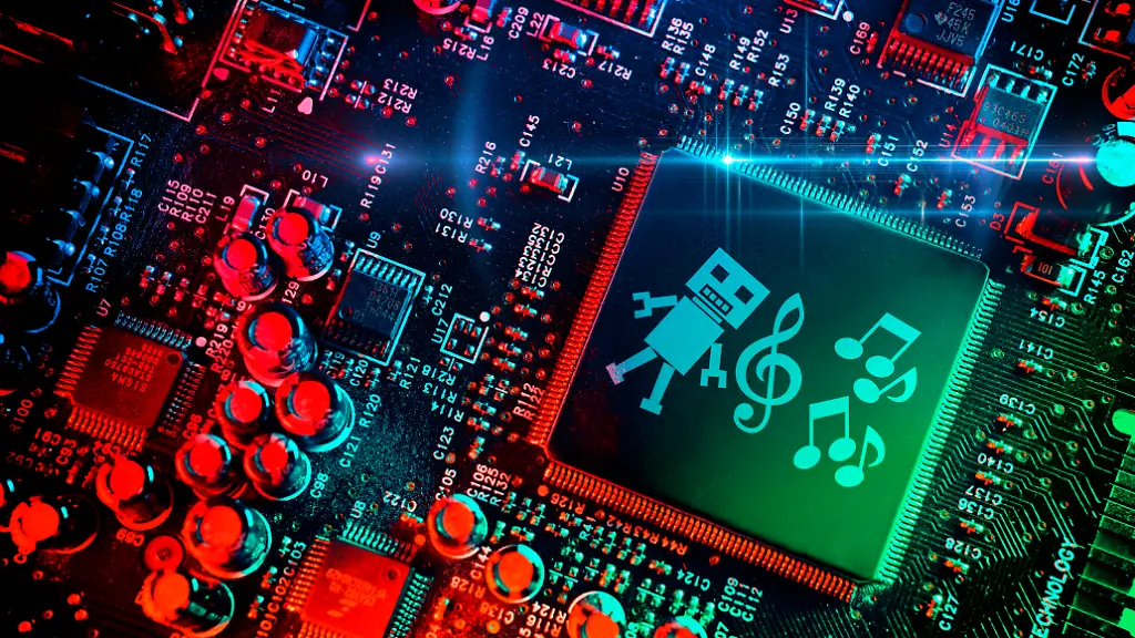 Computerchip-mit-Roboterfigur-Noten-und-Notenschluessel-Symbolfoto-fuer-die-Nutzung-von-Musik-und-Songtexten-durch-Kuenstliche-Intelligenz-Fotomontage