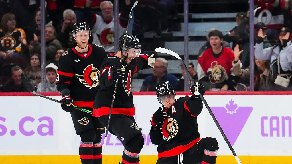 Ottawa-Senators-Tim-Stutzle-18-celebrates-after-his-goal-against-the-Boston-Bruins-during-third-period-NHL-hockey-game-action-in-Ottawa-Ontario-Thursday-Nov-13-2025