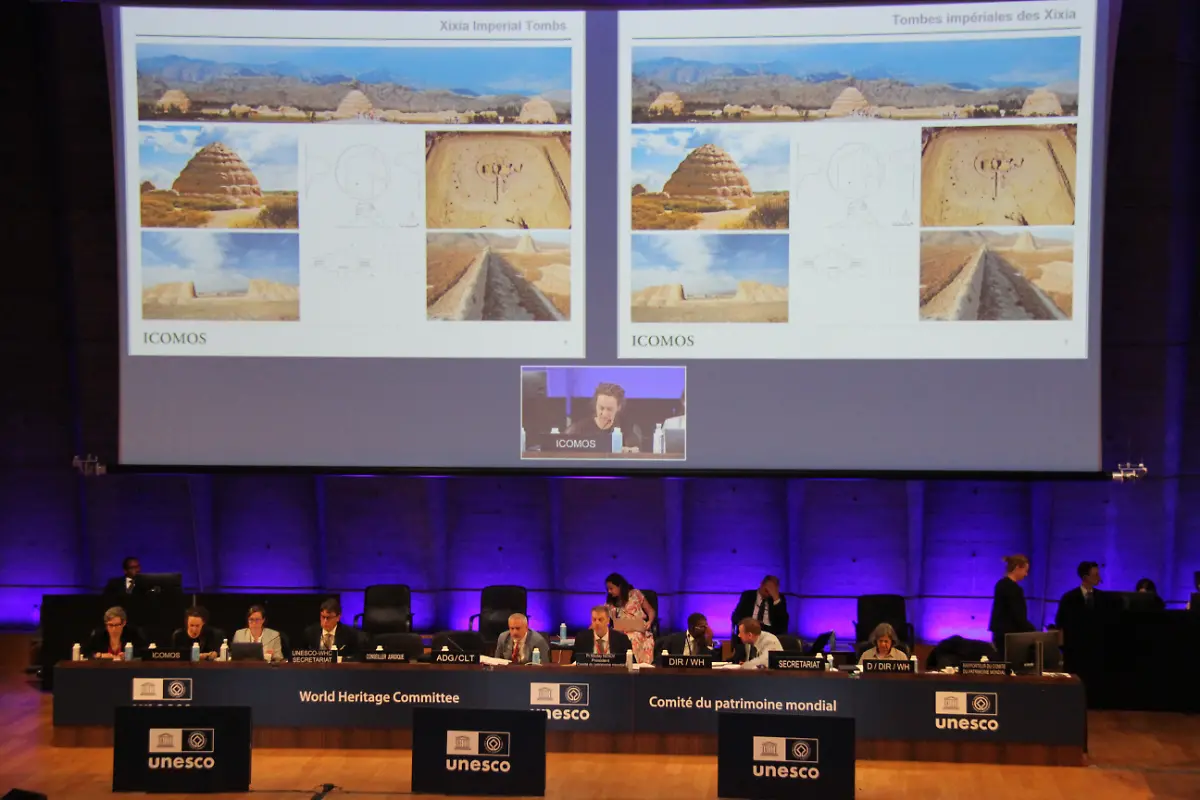 250711-PARIS-July-11-2025-Xinhua-China-s-Xixia-Imperial-Tombs-was-presented-during-the-47th-session-of-the-World-Heritage-Committee-in-Paris-France-July-11-2025-China-s-Xixia-Imperial-Tombs-were-officially-added-to-the-UNESCO-World-Heritage-List-on-Friday-during-the-47th-session-of-the-World-Heritage-Committee-held-in-Paris-France-The-inscription-brings-the-total-number-of-World-Heritage-sites-in-China-to-60-Xinhua-Wang-Songyu