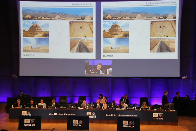 250711-PARIS-July-11-2025-Xinhua-China-s-Xixia-Imperial-Tombs-was-presented-during-the-47th-session-of-the-World-Heritage-Committee-in-Paris-France-July-11-2025-China-s-Xixia-Imperial-Tombs-were-officially-added-to-the-UNESCO-World-Heritage-List-on-Friday-during-the-47th-session-of-the-World-Heritage-Committee-held-in-Paris-France-The-inscription-brings-the-total-number-of-World-Heritage-sites-in-China-to-60-Xinhua-Wang-Songyu