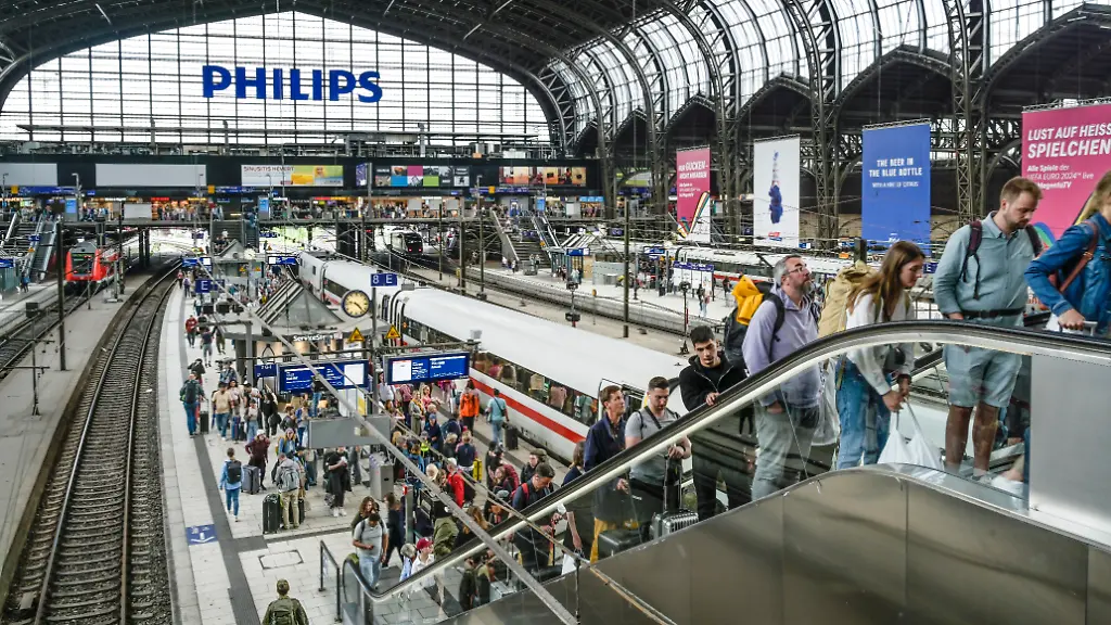 Zug-ICE-Passagiere-Bahnsteig-Bahnhofshalle-Hauptbahnhof-Hamburg-Deutschland
