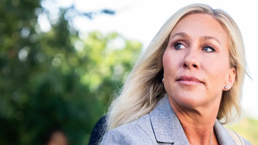 UNITED-STATES-SEPTEMBER-9-Rep-Marjorie-Taylor-Greene-R-Ga-talks-with-reporters-after-a-meeting-of-the-House-Republican-Conference-at-the-Capitol-Hill-Club-on-Tuesday-September-9-2025