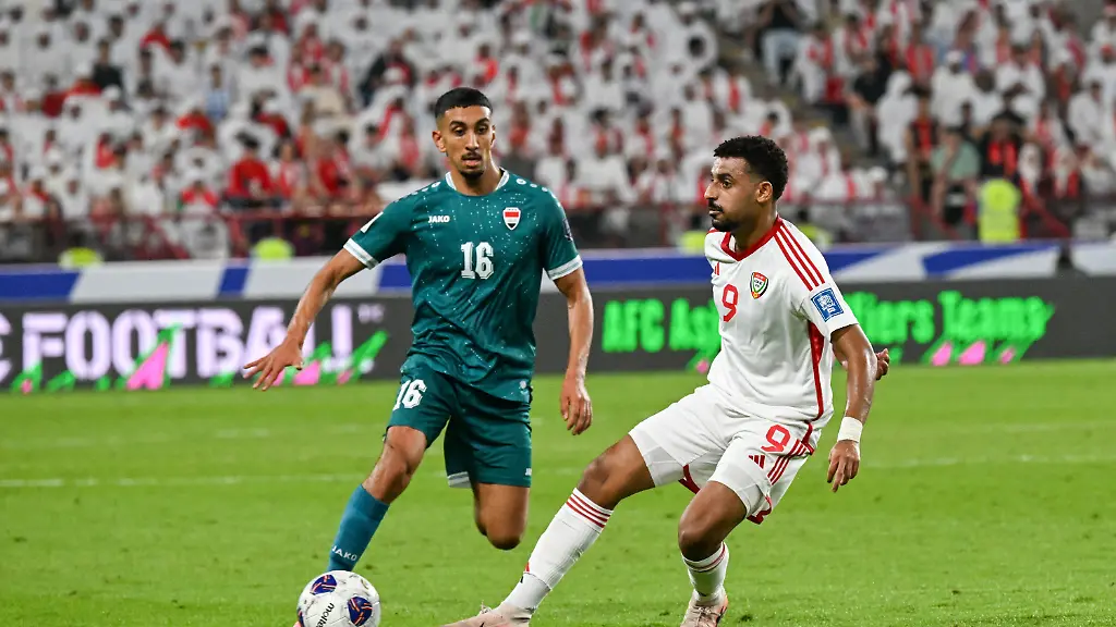 ABU-DHABI-UNITED-ARAB-EMIRATES-NOVEMBER-13-Hamza-Ali-Almaazmi-R-of-UAE-in-action-against-Amir-Al-Ammari-L-of-Iraq-during-the-first-match-of-the-fifth-round-of-the-2026-FIFA-World-Cup-Asian-Qualifiers-at-the-Mohammed-bin-Zayed-Stadium-in-Abu-Dhabi-United-Arab-Emirates-on-November-13-2025