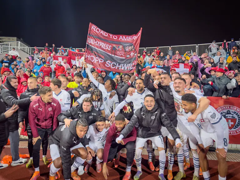 Fussball-WM-Qualifikation-2025-26-10-Spieltag-Kosovo-vs-Schweiz-Fadil-Vokrri-Stadion-Pristina-Freude-Emotionen-Jubel-nach-der-Qualifikation-zur-Weltmeisterschaft-in-Amerika-bei-der-Schweizer-Nationalmannschaft-und-den-mitgereisten-Fans-der-Nati