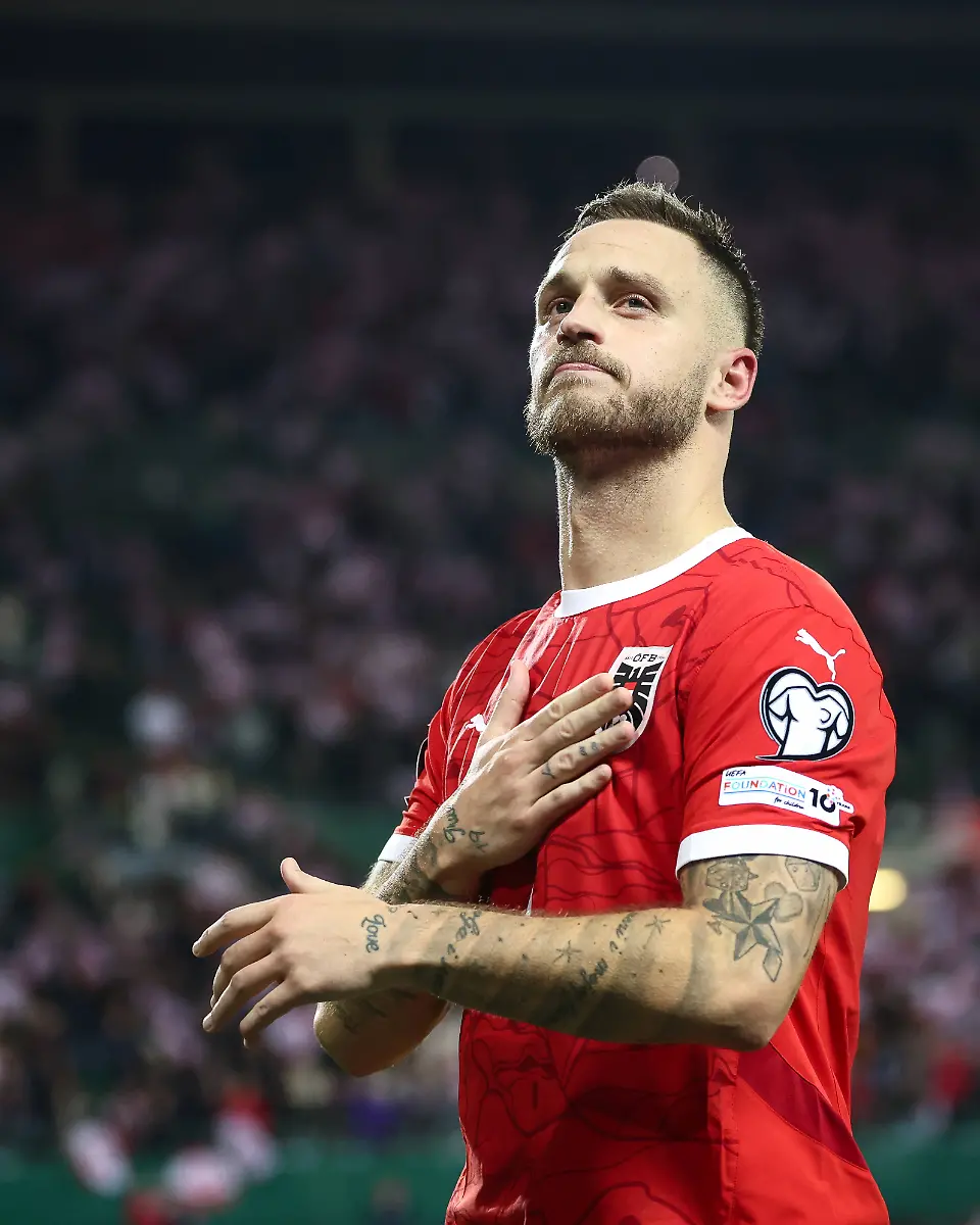 SOCCER-FIFA-WC-quali-AUT-vs-SMR-VIENNA-AUSTRIA-09-OCT-25-SOCCER-FIFA-World-Cup-WM-Weltmeisterschaft-Fussball-2026-European-Qualifiers-group-stage-OEFB-international-match-Laenderspiel-Nationalmannschaft-Austria-vs-San-Marino-Image-shows-the-rejoicing-of-Marko-Arnautovic-AUT