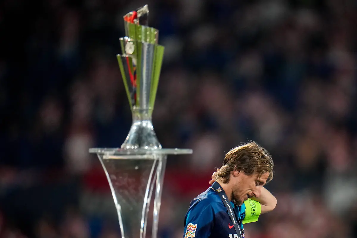 2023-06-18-Croatia-v-Spain-UEFA-Nations-League-2022-23-Final-ROTTERDAM-NETHERLANDS-JUNE-18-Luka-Modric-of-Croatia-walks-past-the-UEFA-Nations-League-trophy-following-the-UEFA-Nations-League-2022-23-Final-match-between-Croatia-and-Spain-at-the-De-Kuip-on-June-18-2023-in-Rotterdam-Netherlands-Photo-by-Rene-Nijhuis-BSR-Agency-Rotterdam-Netherlands-Content-not-available-for-redistribution-in-The-Netherlands-directly-or-indirectly-through-any-third-parties