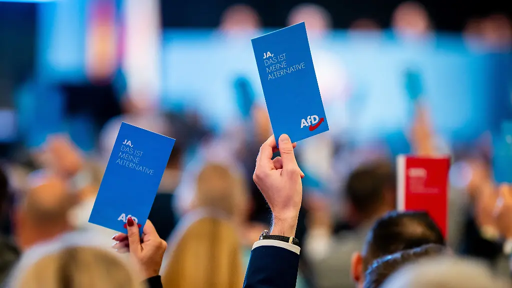 Delegierte-halten-ihre-Wahlkarten-beim-Landesparteitag-der-AfD-Thueringen-hoch