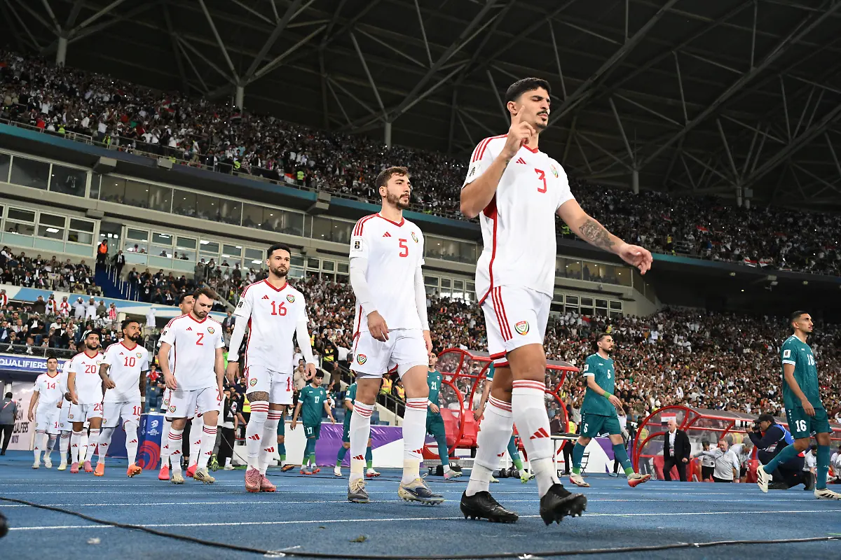 BASRA-IRAQ-NOVEMBER-18-Players-of-UAE-take-to-the-field-ahead-of-the-2026-FIFA-World-Cup-Asian-qualifiers-fifth-round-second-leg-match-between-Iraq-and-United-Arab-Emirates-at-Basra-International-Stadium-in-Basra-Iraq-on-November-18-2025